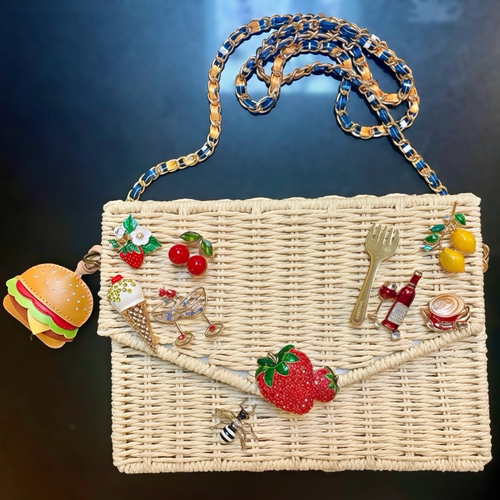Custom “Picnic” Rattan Purse, 10 food brooches, leather bag charm, chain strap